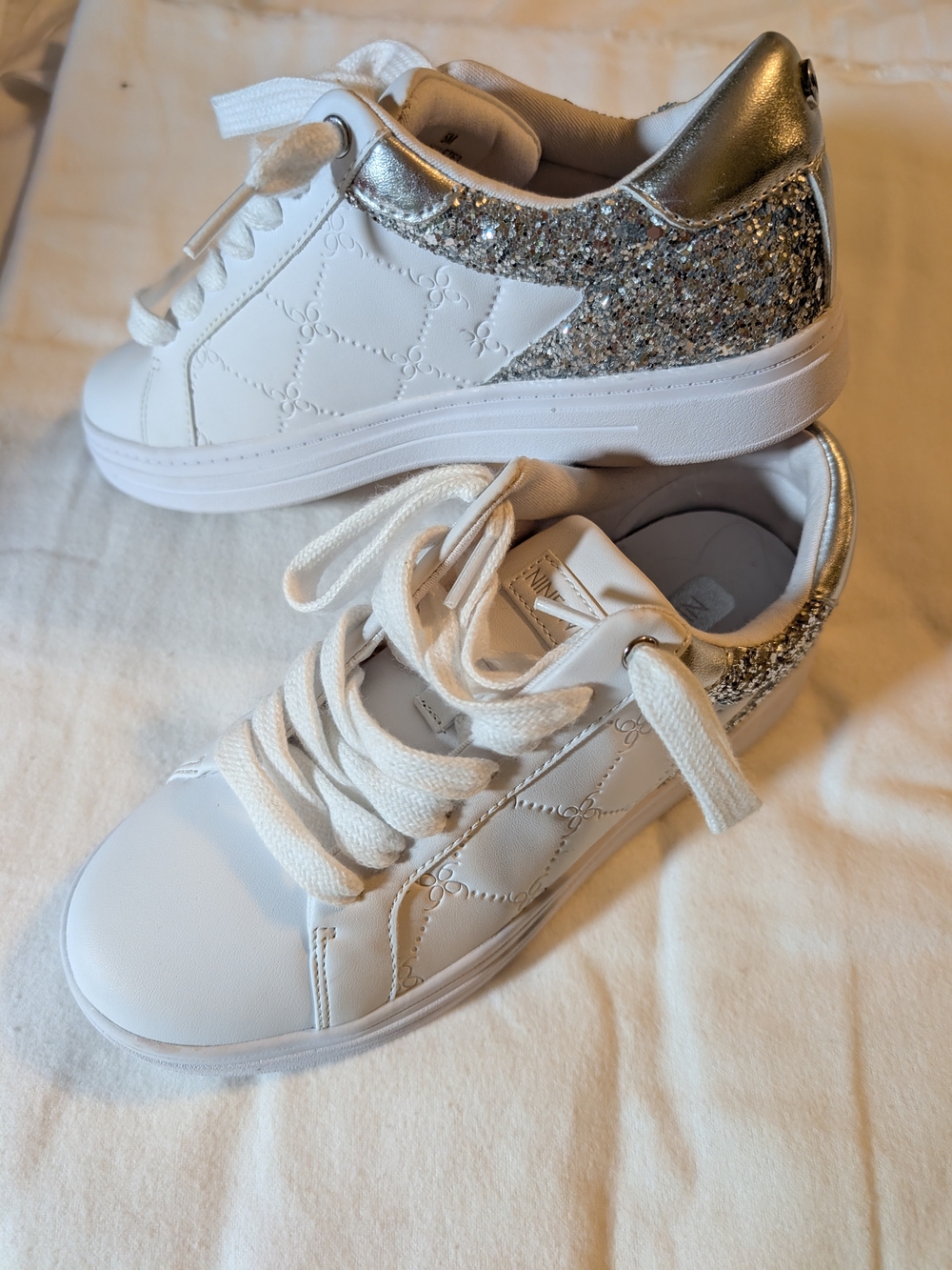 Nine West White Sneakers with Silver Glitter Heel Size 5